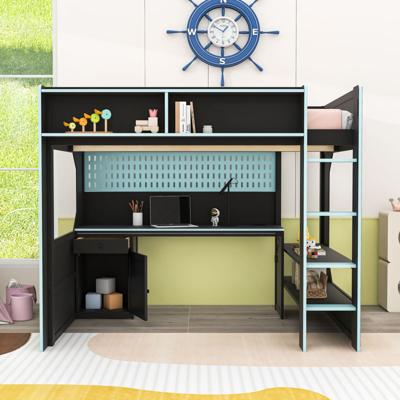 Modern Loft Bed with Built-in Desk, Pegboard Organizer, LED Lighting and Storage Shelves, Full, Black/Blue