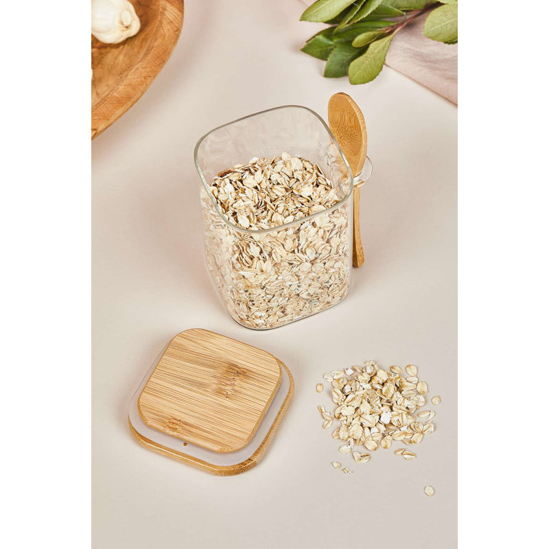 Ensemble de pots en verre stylés (3 pièces) avec couvercle et cuillère en bambou | 3,9 po x 3,1 po | Verre 100% sans BPA, parfait pour le rangement et l'organisation de la cuisine | Conception élégante et transparente, ne va pas au micro-ondes ni au lave-vaisselle