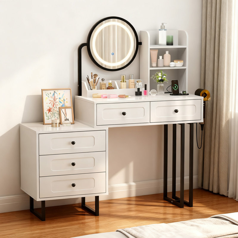 Lighted Vanity Table - LED 3-Color Dimmable Touch Mirror, 5 Drawers, Power Strip, White/Black
