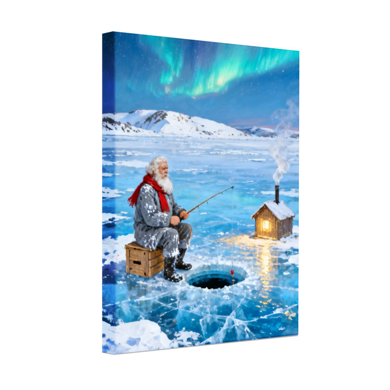 Noël père Noël pêchant sous les aurores boréales, H 18 po x l 12 po