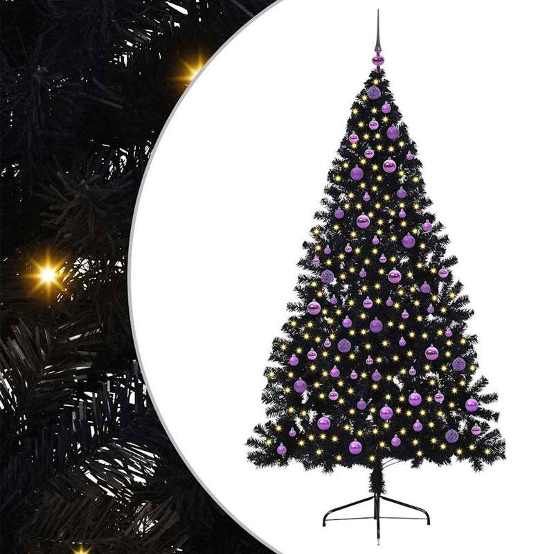 6.89' H Lighted Artificial Christmas Tree, Black, 210 cm, with 120 Lilac Balls