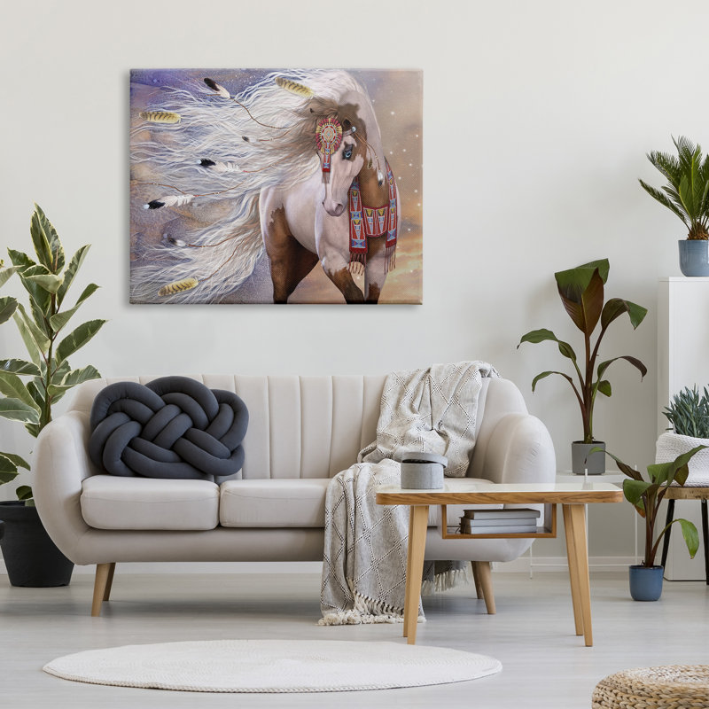 Cheval avec des plumes sur toile par Laurie Prindle, H 36 po x l 48 po x P 1,5 po