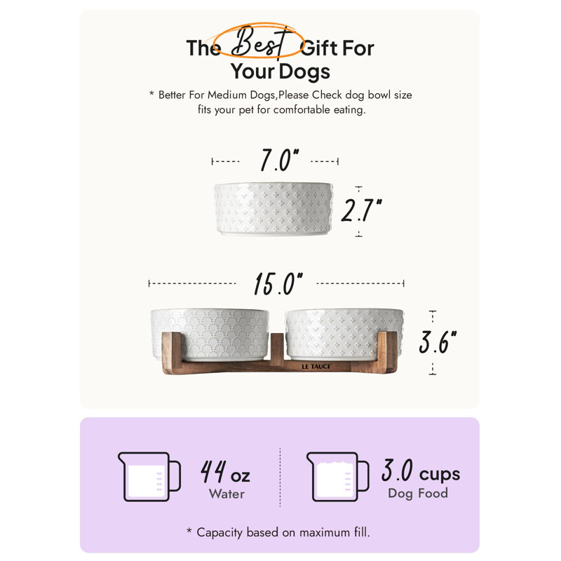 7-Inch White Ceramic Dog Bowls with Acacia Wood Stand