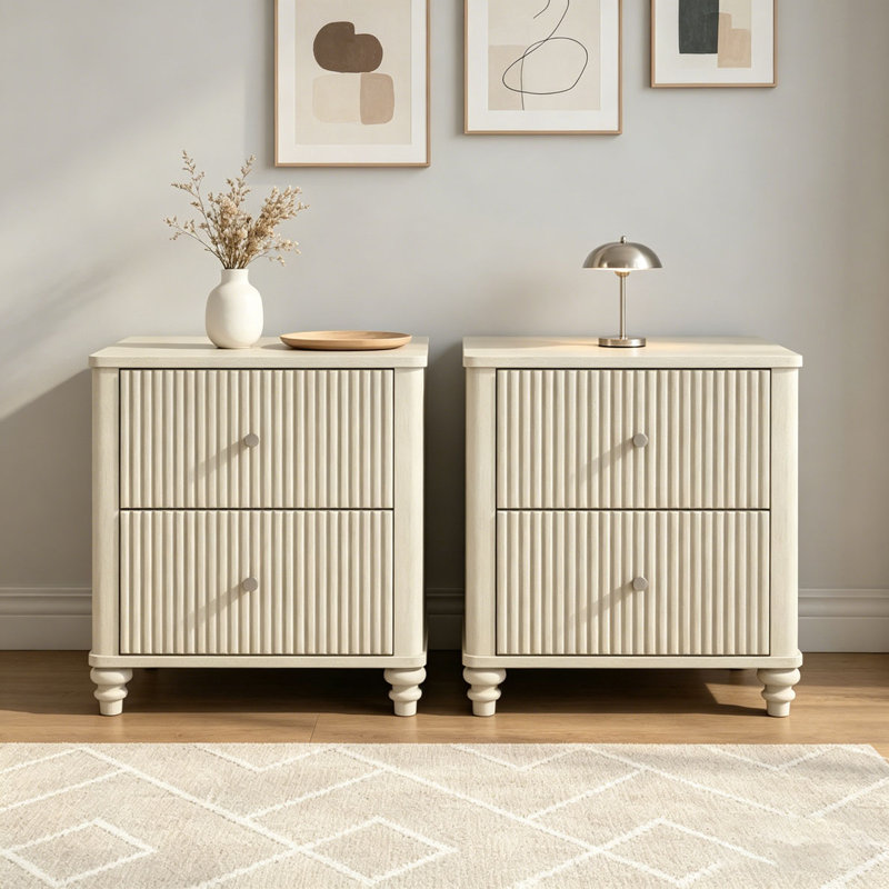 21.65" Wide Side Table with 3 Drawers,Nightstand 2-Piece Set, Beige