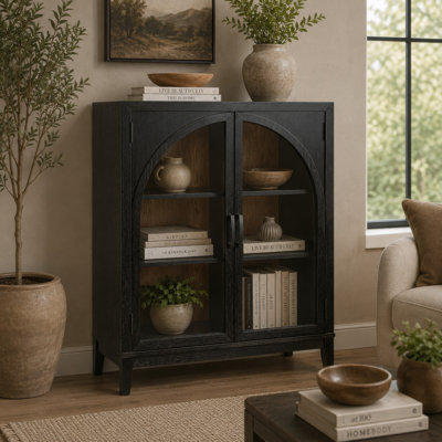 Arnie Bar Cabinet with Shelves, Arched Glass Doors, Black Brown Wood 48 Inch