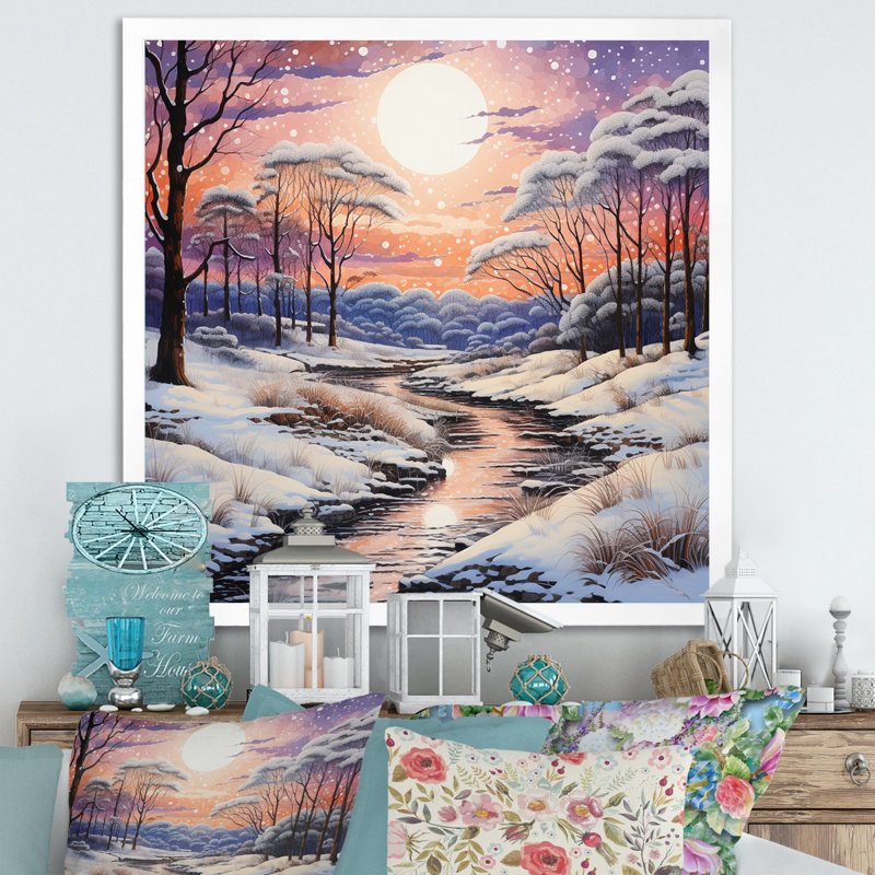 Winter River At Night II - paysages, reproduction sur toile, Cadre simple blanc, H 16 po x l 16 po x P 1 po