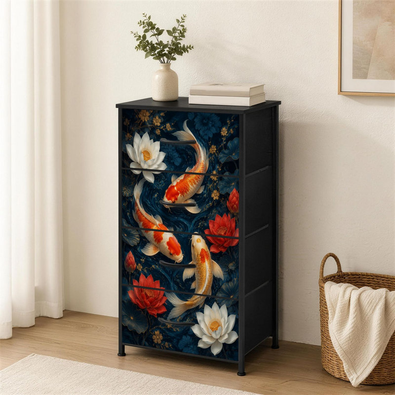 Commode à 4 tiroirs pour chambre à coucher Fleurs de lotus Fleurs bleu foncé Élégantes d'inspiration japonaise Petite commode à vêtements pour grands placards
