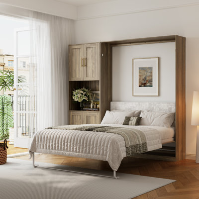 Grand lit escamotable Murphy avec tablettes de rangement latérales, armoire de lit murale grand format moderne avec lattes de bois, cadre de lit plateforme pliable caché, peu encombrant, boîte à ressorts non requise