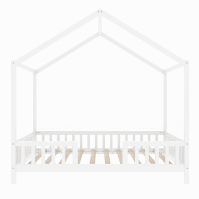 Montessori Floor Bed With Canopy, House Shape Bed Frame With High Railings, Wood Kids Bed With Roof
