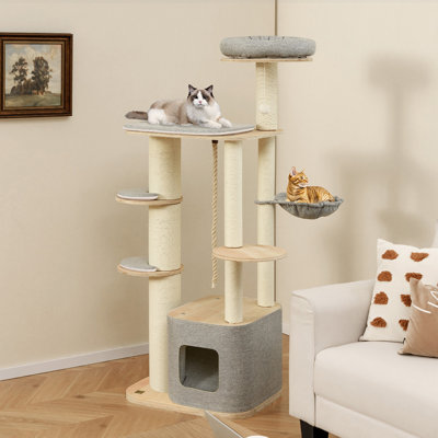  63'' Tall Modern Cat Tree w/ Perch Condo Hammock 5.6'' Scratching Posts