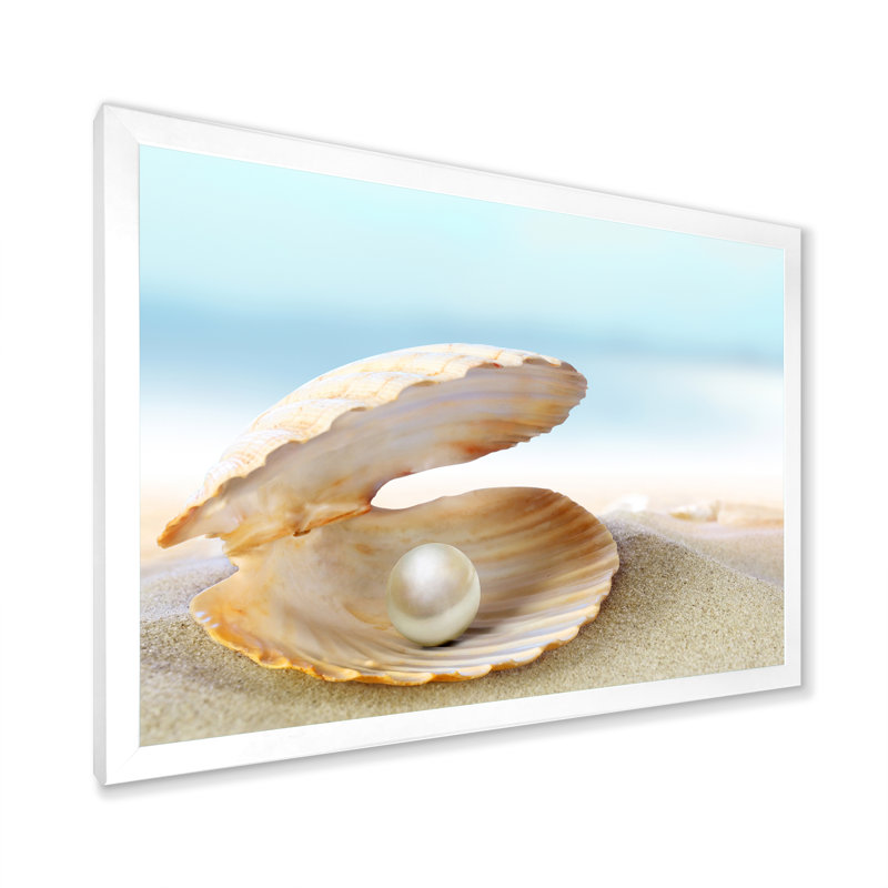 Coquillage avec une perle - Photographie sur toile, H 16 po x l 32 po x P 1 po, Cadre de coin blanc fermé