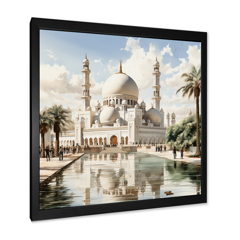 «White Elegance Sheik Zayed Mosque II» - art mural blanc, H 16 po x l 16 po x P 1 po, Cadre simple noir