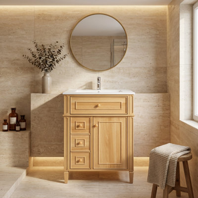 Meuble-lavabo compact autoportant avec lavabo en céramique et rangement à fermeture en douceur