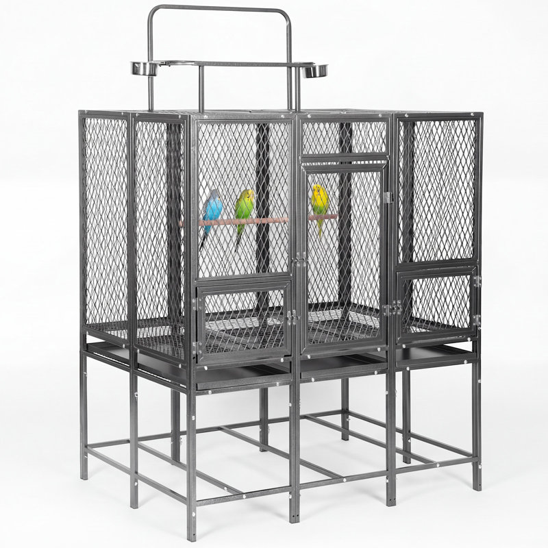 Cage à perroquet H 65 po avec plateau de jeu, cage à oiseaux en métal robuste avec support, tasses et perchoirs pour plusieurs oiseaux