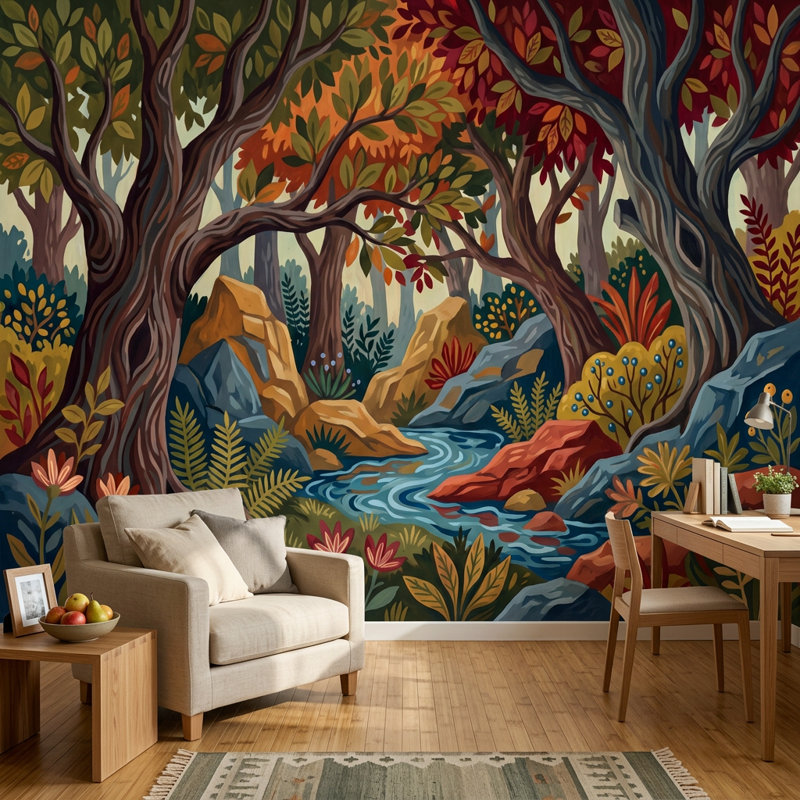 Papier peint paysage boisé, forêt, ruisseau d'automne, décoration murale amovible, 160 po x 108 po, Peler et coller