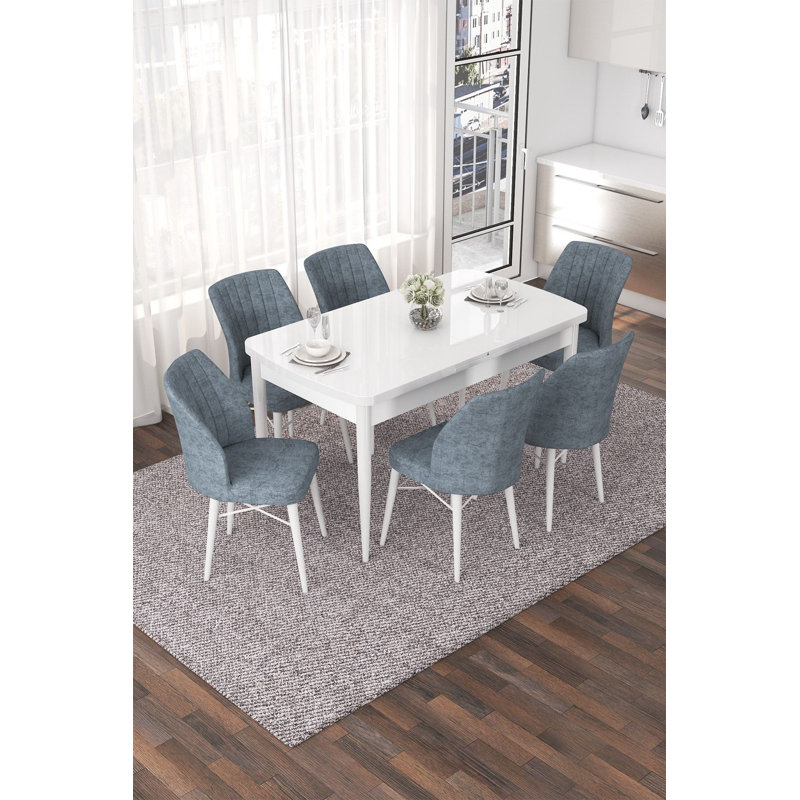 Ensemble de table et chaises de salle à manger moderne extensible (7 pièces), blanc et gris, 44,9 po x 30,7 po x 27,6 po | 100% panneau de fibres à densité moyenne avec pieds en bois et structure en métal, coussins en mousse confortables | Parfait pour les réunions de famille et les salles à manger