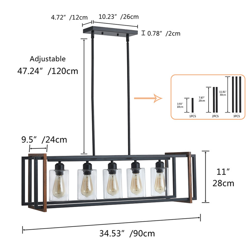 Lustre rectangulaire 5 lumières à abat-jour géométrique