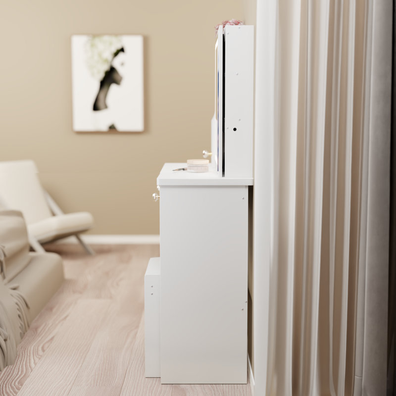 Modern multifunctional left drawer desktop dresser, upholstered stool, practical and stylish dresser for small spaces, White