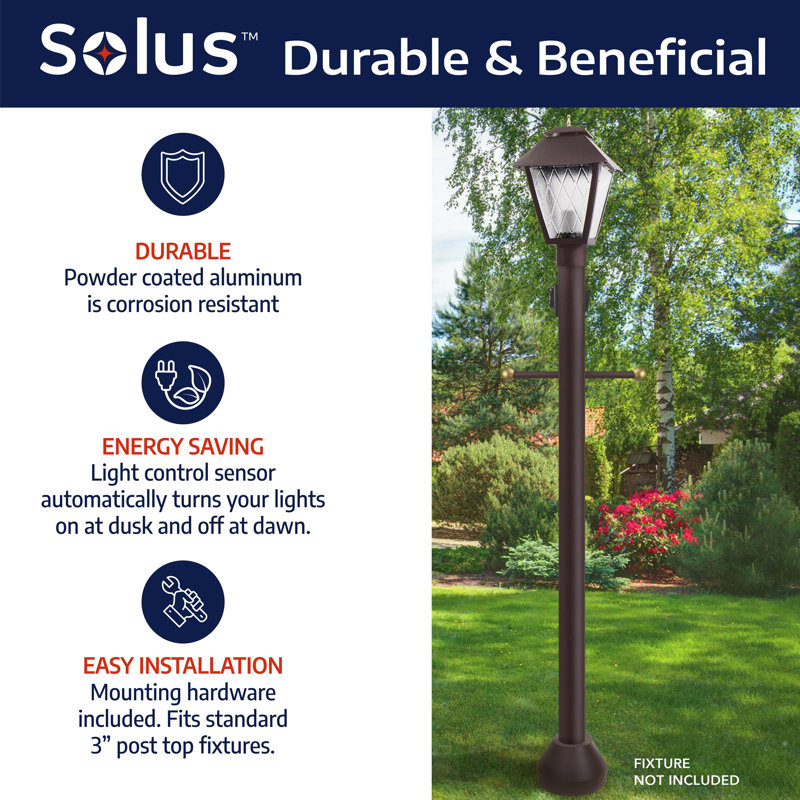 Solus 6ft. Surface Mount Lamp Post with Decorative Cross Arm, Convenience Outlet, Dusk-to-Dawn Sensor and Aluminum Base Cover