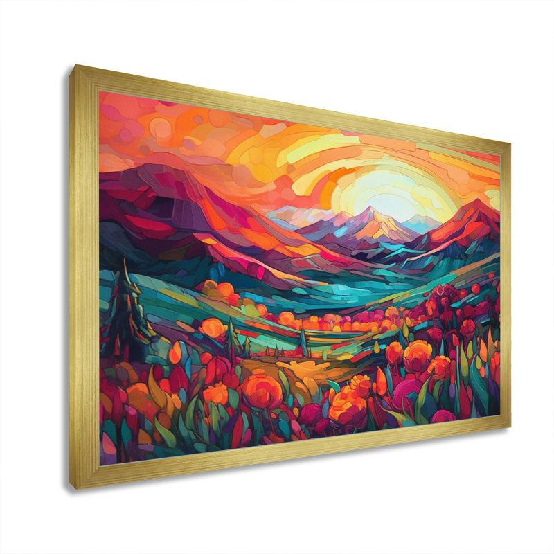 «Vibrant Sunset Shining Over Mountains I», art sur toile, H 12 po x l 20 po x P 1 po, Cadre doré