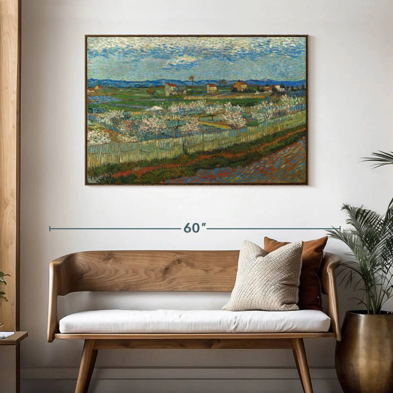 Pêcher en fleur, 46 po x 31 po, Cadre flottant en noyer