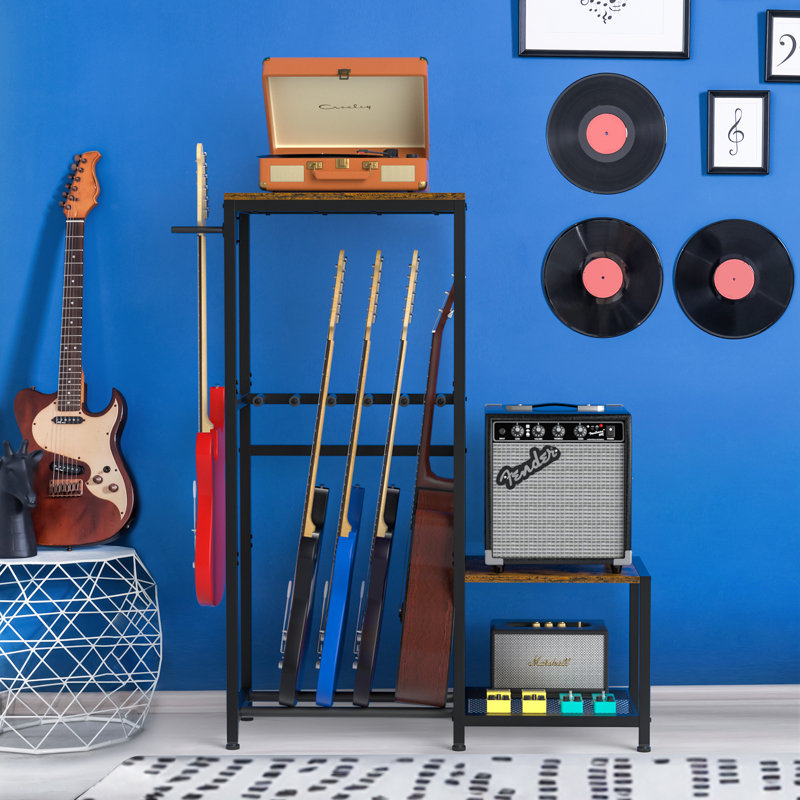 Support de guitare avec support pour tourne-disque, support de support pour 4 à 6 guitare acoustique, électrique, basse, support d'amplificateur de guitare réglable, rangement et affichage de musique multifonction pour salle de musique, studio, maison