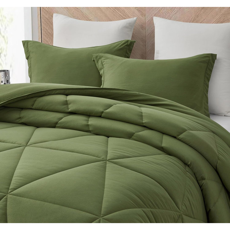 Washed Microfiber Bedding Polyester Comforter, Full/Double Comforter + 2 Standard Shams, Olive Green