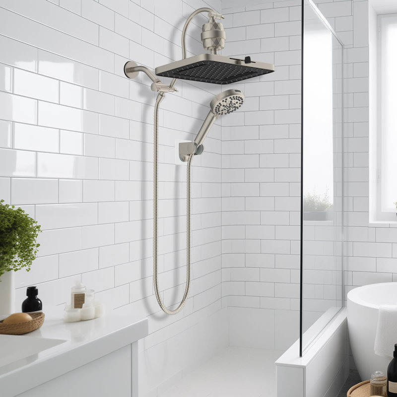 5-Spray 13'' Dual Filtered Rainfall Shower Head Combo, 12'' Adjustable Extension Arm, 20 Stage Shower Filter, 71'' Hose