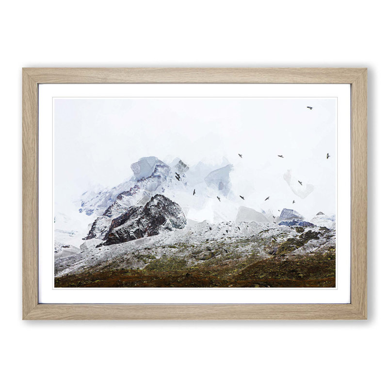 The Swiss Alps with a Flock of Birds in Abstract - Picture Frame Graphic Art Print, Oak, 40cm H x 60cm W x 2cm D