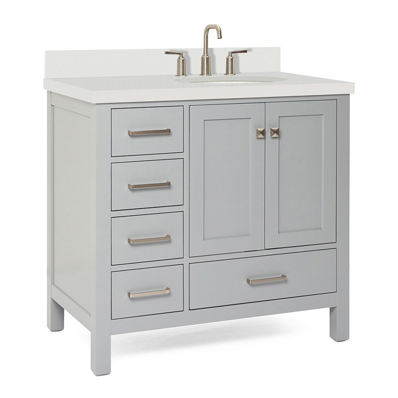 Cambridge 37'' W Single Vanity, Gray, Pure White Quartz, Oval
