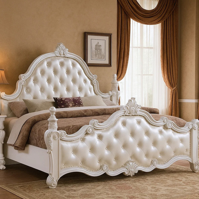 Moni King Bed, White Button Tufted Traditional Upholstery, Solid Wood, White, King