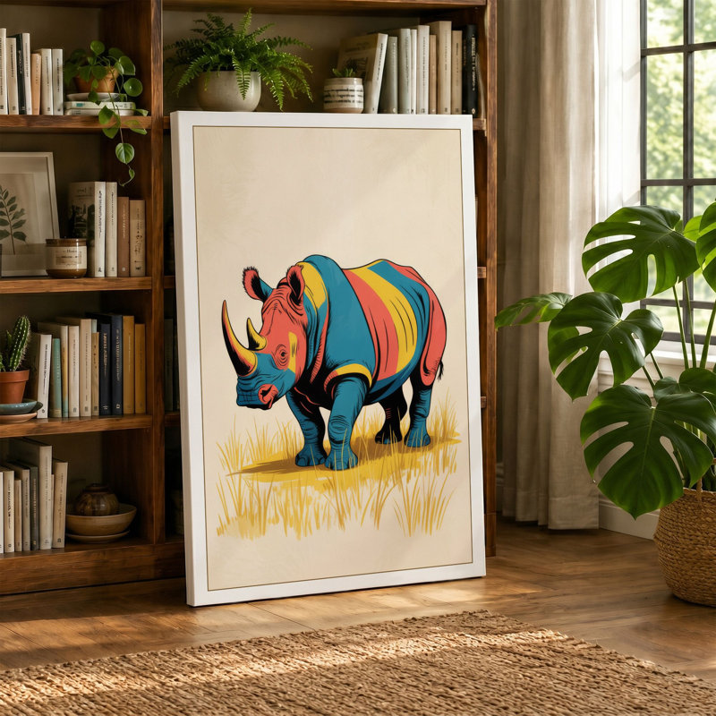 Patchwork Rhinoceros Boho - Wrapped Canvas, 36x24 - 91.4 x 61.0 cm, Ochre Border