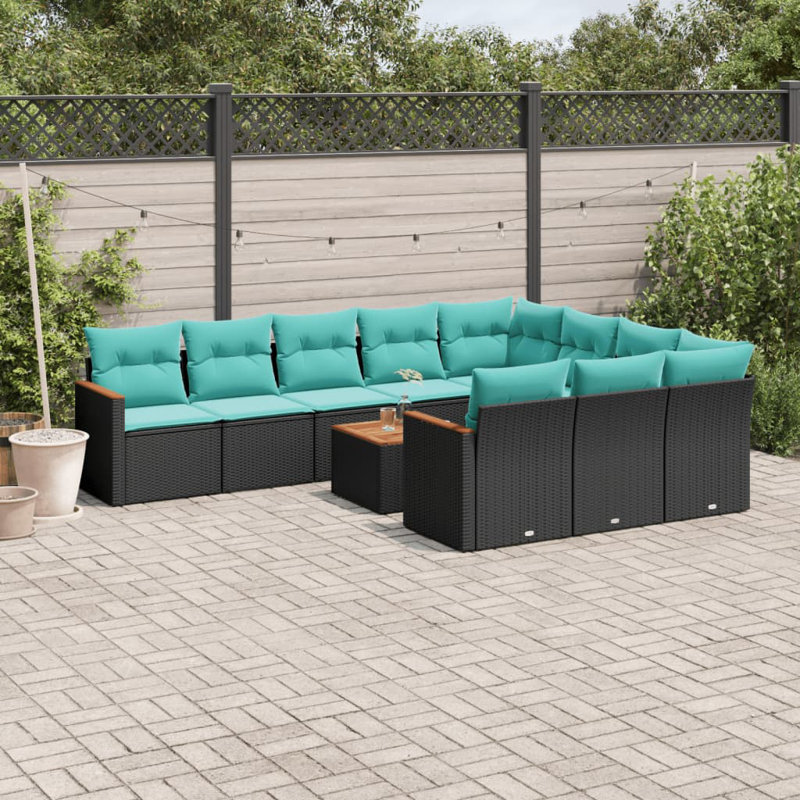 Ensemble de canapé de patio 11 pièces avec coussins en rotin de polyester, Bleu clair, Noir
