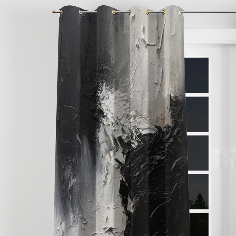 Noir et blanc délicat Brushstrokes II - Rideau à œillets occultant abstrait - 1 panneau, L 52 po x L 95 po, Œillets dorés