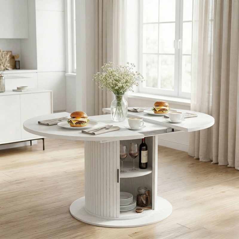 47"- 63" Extendable Round Oval Dining Table For 2-8 Person, 2-Tier Storage Kitchen Table With Dust-Proof Shelf, White, White