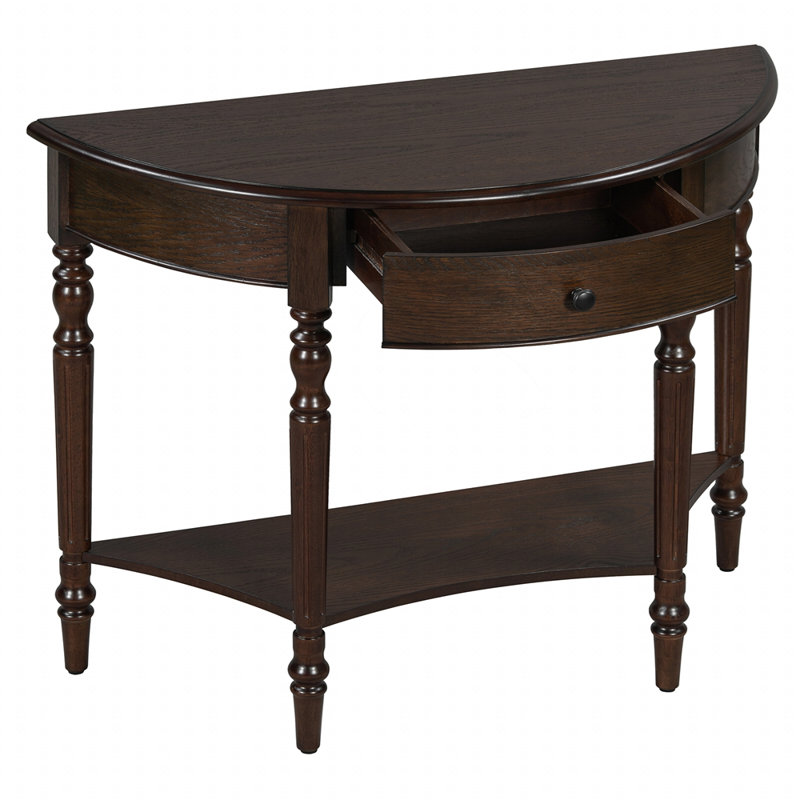 Rustic Half Moon Console Table with Drawer and Shelf, Espresso