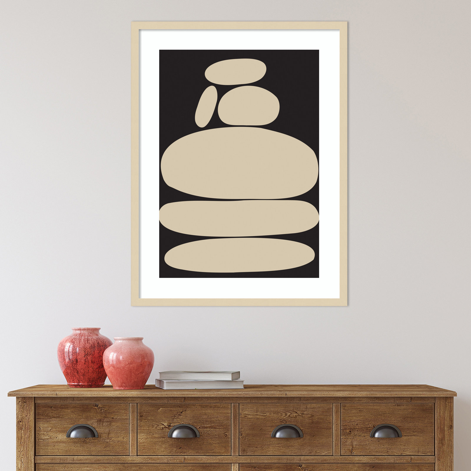 Zen River Rocks Black and Tan Print, Brown Framed, 33" H x 25" W