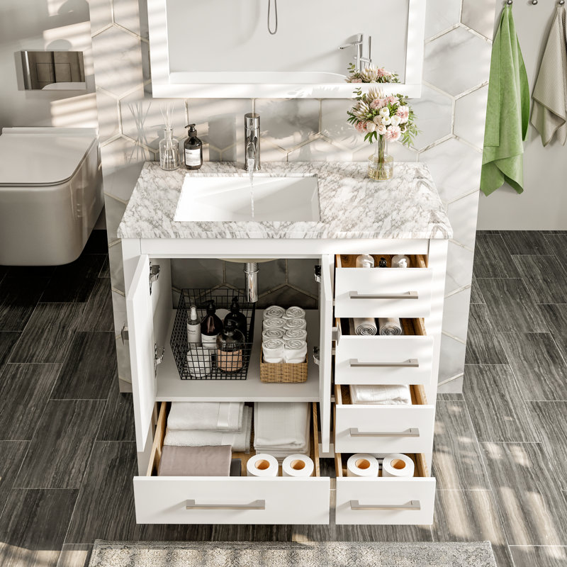 Eviva London 36"W x 18"D Bathroom Vanity with Undermount Porcelain Sink, White, Marble - White Carrara
