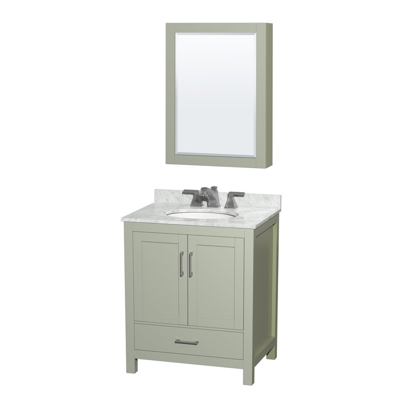 Meuble-lavabo simple avec plateau en marbre et armoire à pharmacie Sheffield, Vert clair, Ovale, 8 po