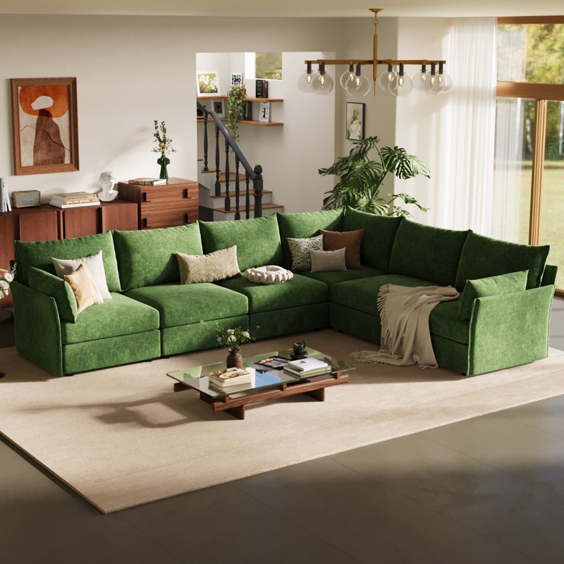 Merchelle Modular L-Shaped Sectional Sofa, 5-Seat, Reversible Configuration, Chenille Upholstery In Rust Orange, Removable Cushions, Modern Deep-Seat