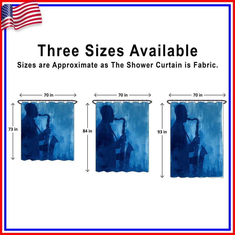 Rideau de douche bleu à silhouette de saxophone très long, L 70 po x H 93 po