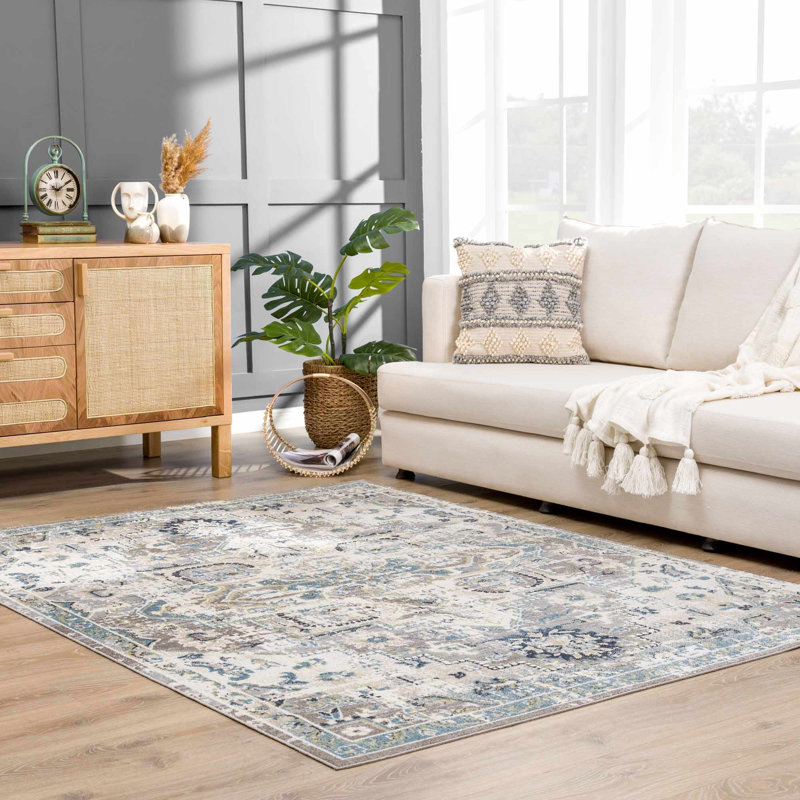 Tapis oriental en polyester tissé à la machine en gris, Rectangle 6 pi 7 po x 9 pi