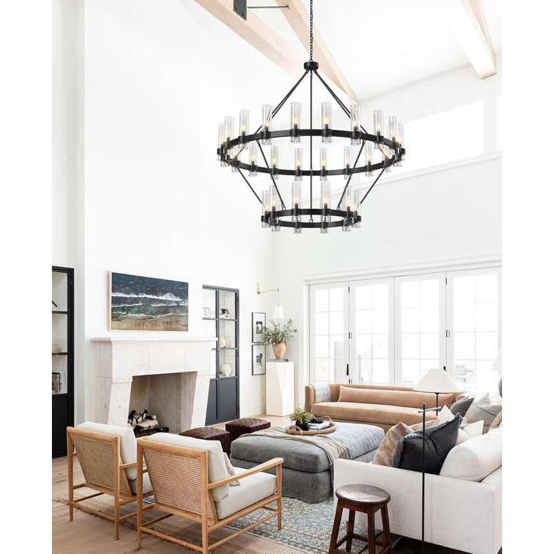 30-Lights Modern Double-Layer Wagon Wheel Chandelier With Glass Shade, Matte Black
