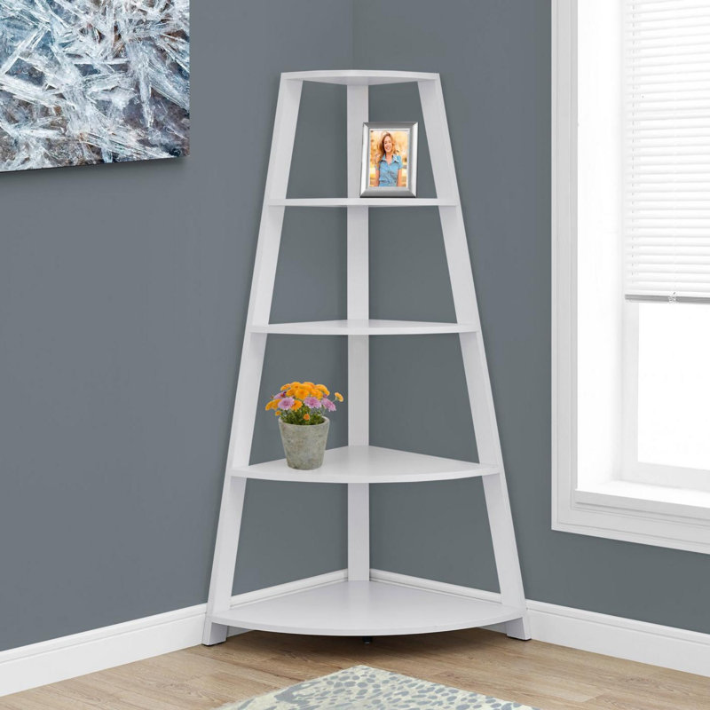 Glasco Lya 60 Inch Corner Shelf, 4 Tier Etagere Open V Ladder Bookcase, White, White, (4 Shelves) 60"H x 23.25"W x 34.25"D