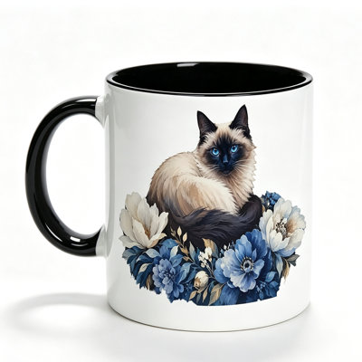 Ceramic Mug with Beautiful Siamese Cat And Blue White Floral Design - Perfect Gift for Cat Lovers on Birthday, Christmas.