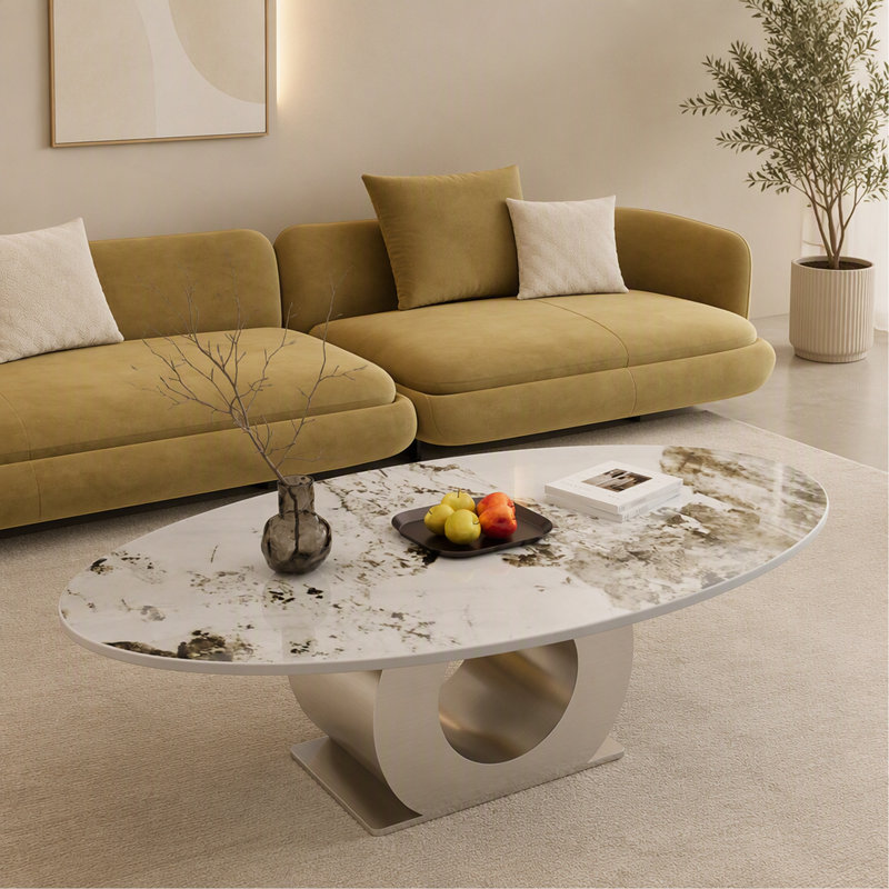 Table basse moderne en pierre frittée 49,2 po avec base en O en acier inoxydable - H 15,6 po