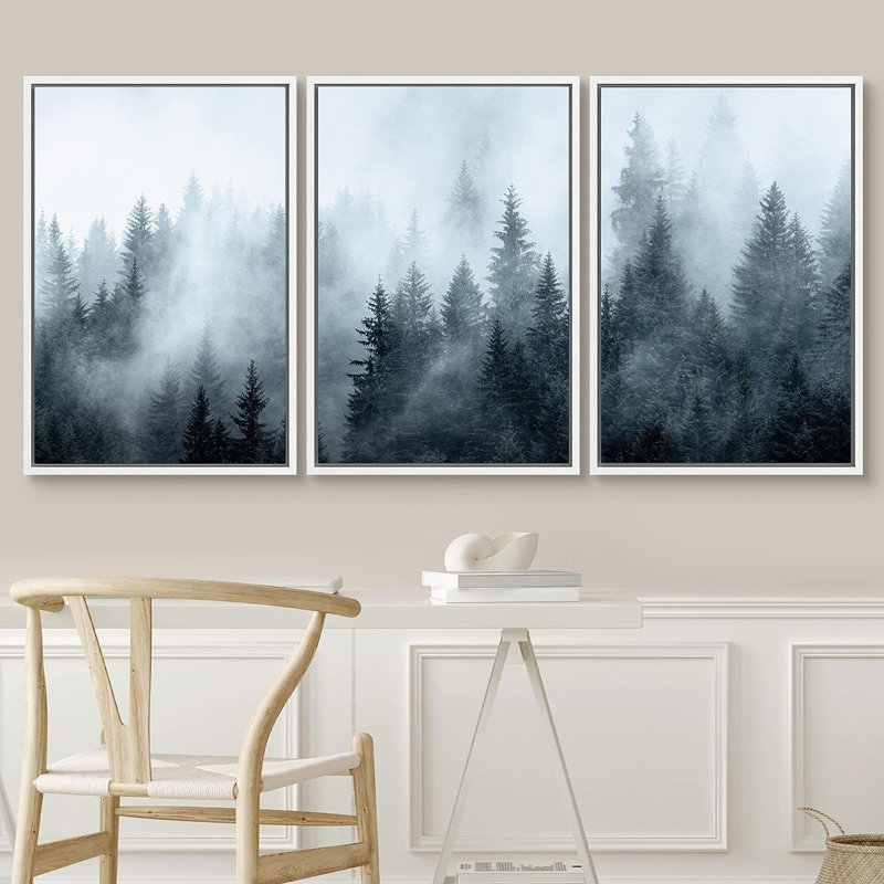 «Winter Fog Mist Pine Tree Mountain Forest Nature Wilderness», reproduction sur toile 3 pièces, H 24 po x l 16 po x P 1,5 po