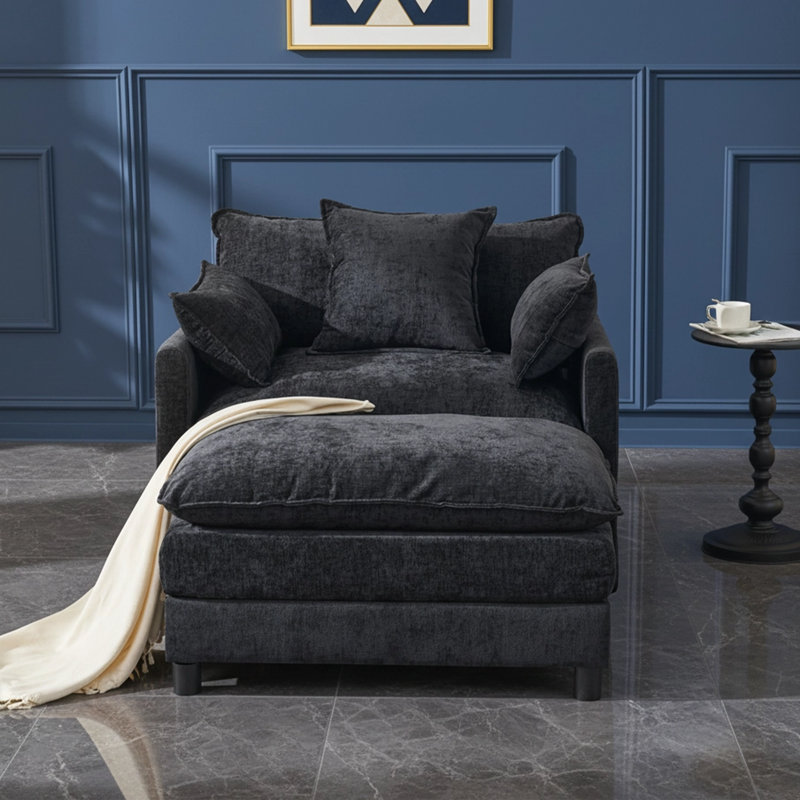 Fauteuil d'appoint surdimensionné en chenille avec repose-pieds, Noir