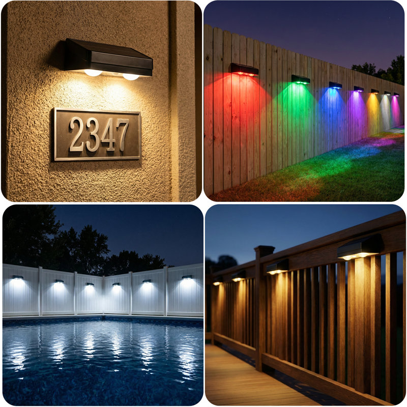 Greatsun 4 Piece Solar Fence Lights, Outdoor LED Solar Deck Lights, Warm White Cool White RGB Gradient Colors, IP65 Waterproof, 25H Long Battery Life, Perfect for Patio, Backyard, Deck, Fence & Railing Decoration