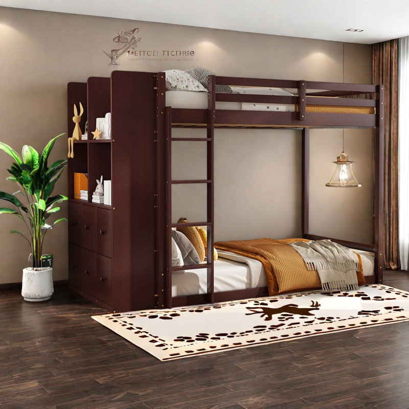 Lits jumeaux superposés avec rangement et éclairage DEL, structure en bois MDF, chambre d'enfant moderne, Brown